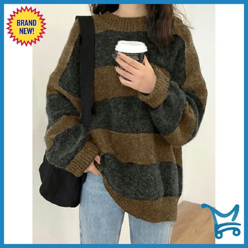 Oversized Striped Pullover Sweater 100% Polyester Long Sleeve Crewneck - Picture 3 of 8